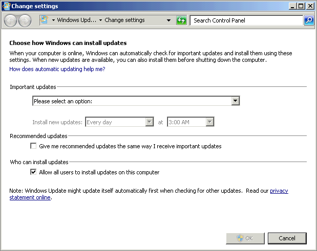 The Choose How Windows Can Install Updates page of the Change Settings Wizard.