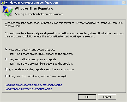 The Windows Error Reporting Configuration dialog box.