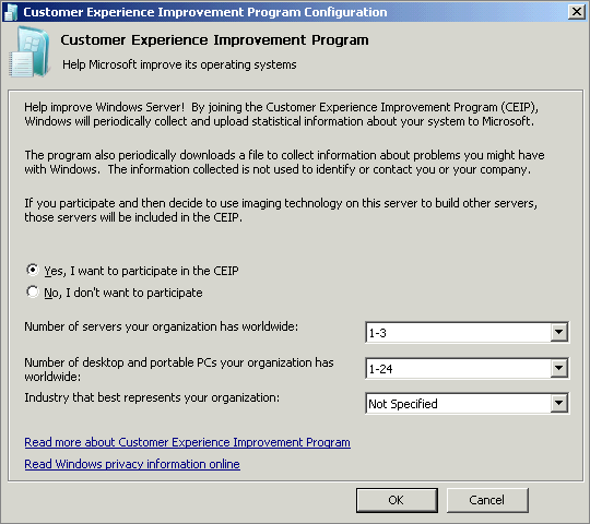 The Customer Experience Improvement Program Configuration dialog box.