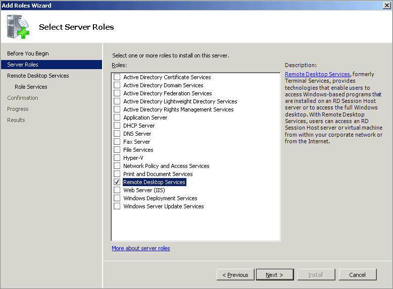 The Select Server Roles page of the Add Roles Wizard.