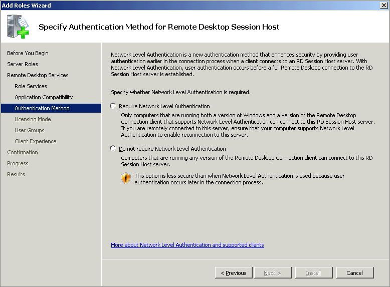 Setting the authentication level for the Remote Desktop Session Host.