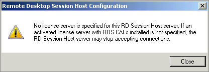 The warning that no license server has yet been specified.