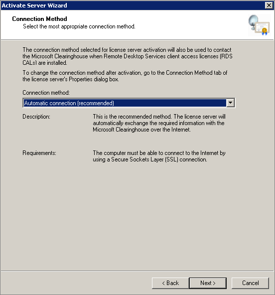 The Connection Method page of the Activate Server Wizard.