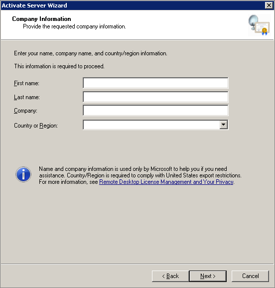 The required fields on the first Company Information page of the Activate Server Wizard.