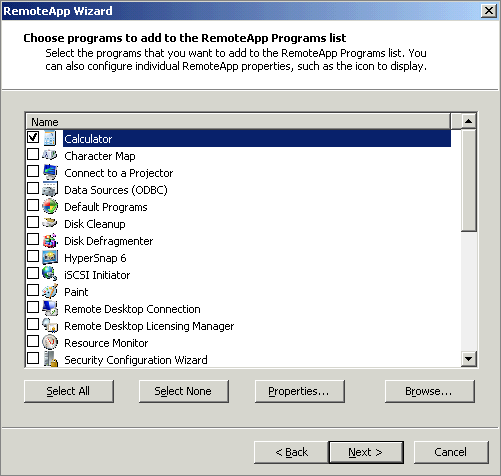 The Choose Programs To Add To The RemoteApp Programs List page of the RemoteApp Wizard.