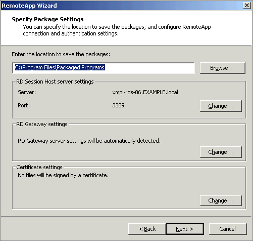 The Specify Package Settings page of the RemoteApp Wizard.