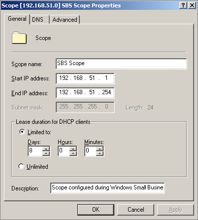 The Scope Properties dialog box for a DHCP scope.