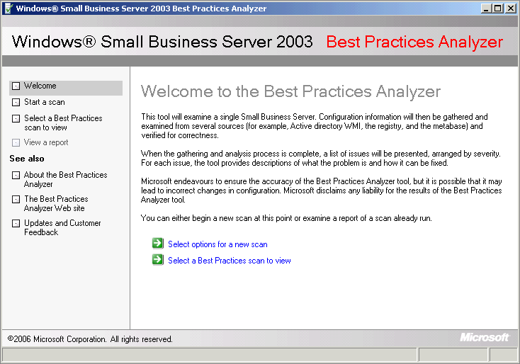 The welcome screen of the SBS Best Practices Analyzer.