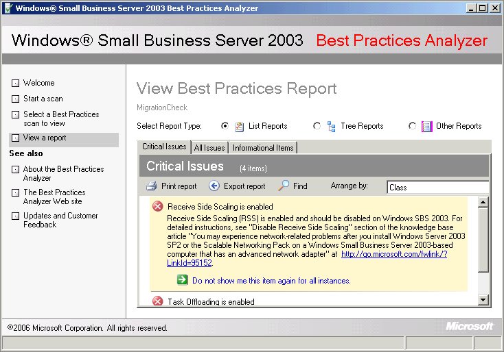 The Receive Side Scaling issue details from the SBS BPA.