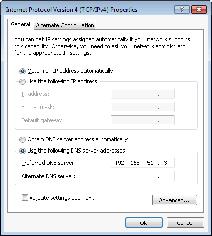 Setting the Preferred DNS Server address to point to the SBS 2003 domain controller.