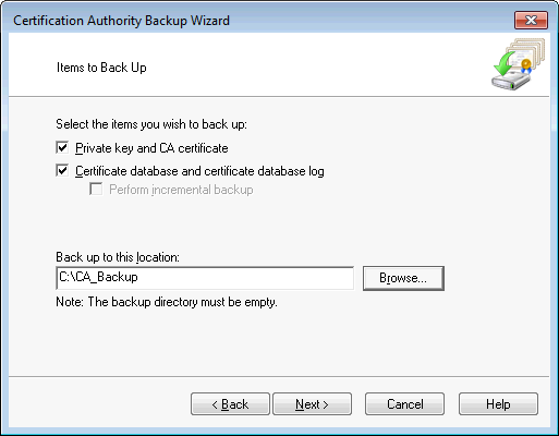 The Items To Back Up page of the Certification Authority Backup Wizard.