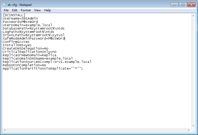 The dc-cfg.ini file for our Example.local domain.