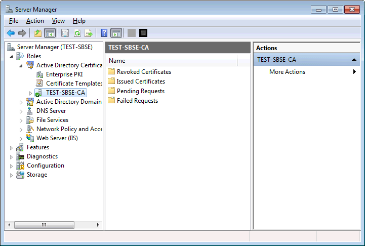 The Certificate Authority is highlighted in the Server Manager.