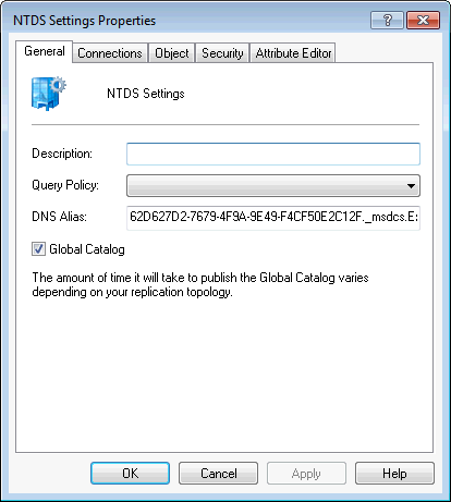 The NTDS Settings Properties for the destination server.