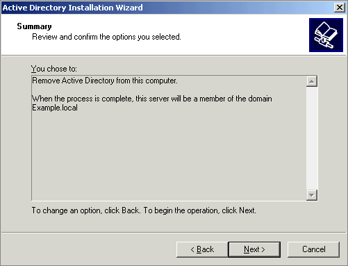 The Summary page of the Active Directory Installation Wizard.