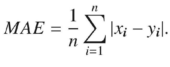 $$MAE = \frac{1}{n}\sum\limits_{i = 1}^{n} {\left| {x_{\varvec{i}} - y_{\varvec{i}} } \right|}.$$