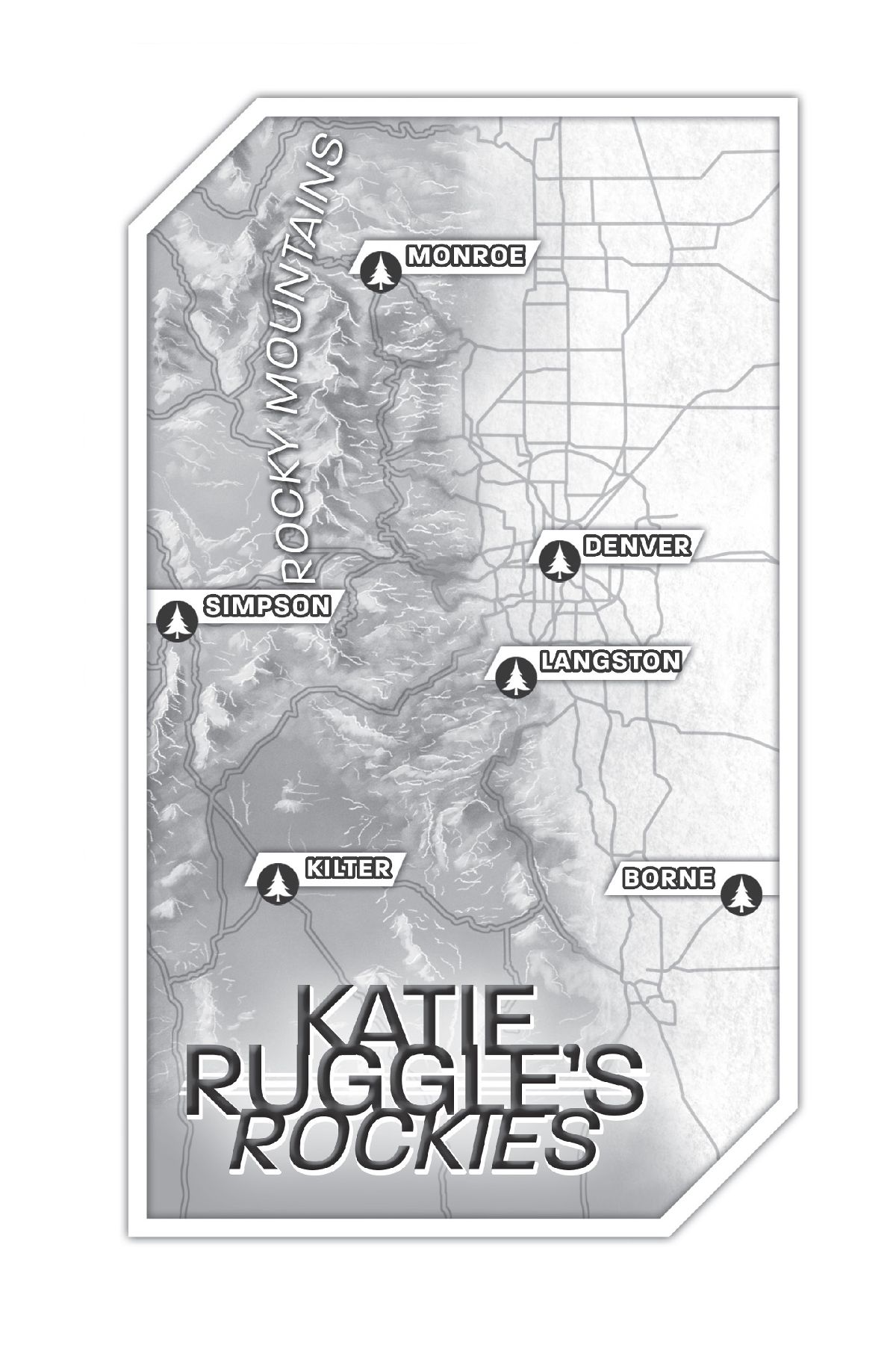 A map depicting the locations of towns in the Rocky Mountains, includes places mentioned in the book.