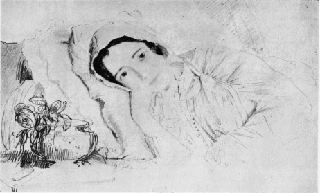 CLAIRE PRADIER ON HER DEATHBED. Drawing by Pradier (Victor Hugo Museum).