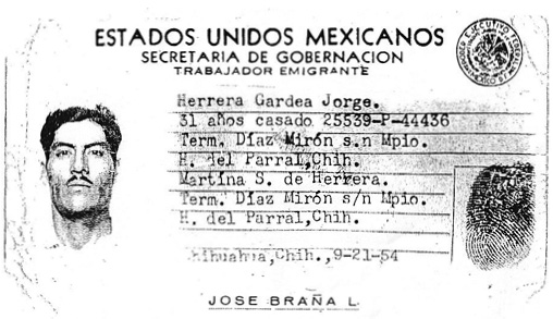 Immigration identification bracero card for Gardea Jorge Herrera