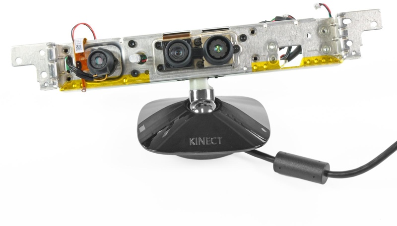 A Kinect with its plastic casing removed, revealing (from left to right) its IR projector, RGB camera, and IR camera. (Photo courtesy of iFixit.)