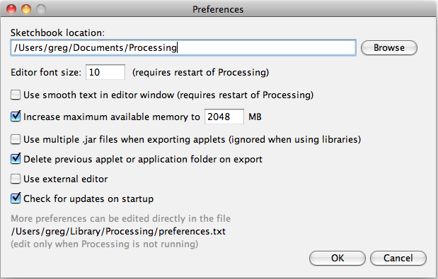 The Processing Preferences window. The “Sketchbook location” entry determines where Processing stores its libraries. You should install the SimpleOpenNI library in a folder called “libraries” inside this directory.