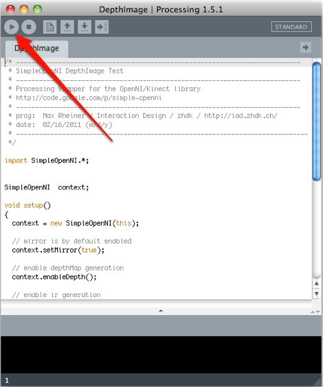 Click the play button to run a Processing sketch. Here we’re running one of SimpleOpenNI’s built-in example sketches.