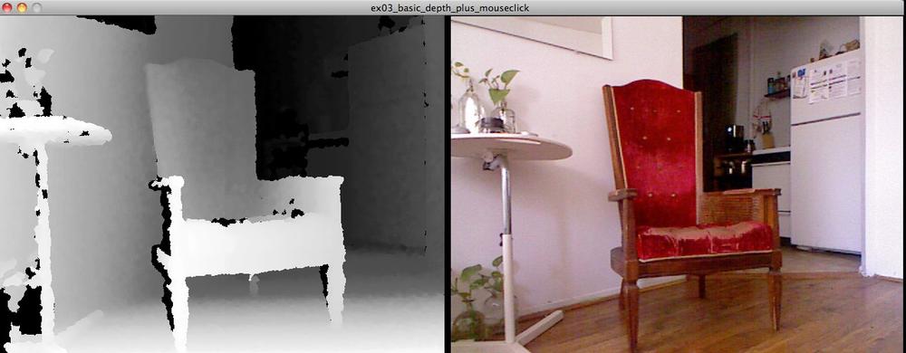 Depth and RGB images of the old chair where I wrote this book. Clicking around on this image in our sketch will reveal its depth values.