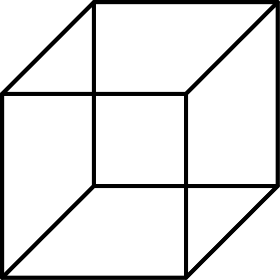 A wireframe cube showing an optical illusion. Which face is the front and which is the back of this cube?