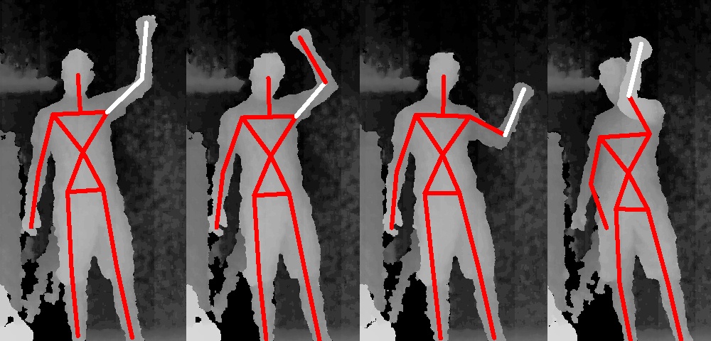 Checking the position of the right arm. The leftmost image shows the arm in the correct position where our sketch displays both limbs as white. The other three images show our sketch detecting different failed constraints in the joint relationships.