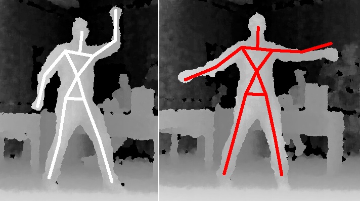 Once we’ve declared all of the joint constraints, our SkeletonPoser object makes it easy to detect when the user has assumed our “Stayin’ Alive” pose. On the left, the white skeleton indicates a correct pose, and on the right, the red skeleton indicates that one or more of the constraints has not been met.