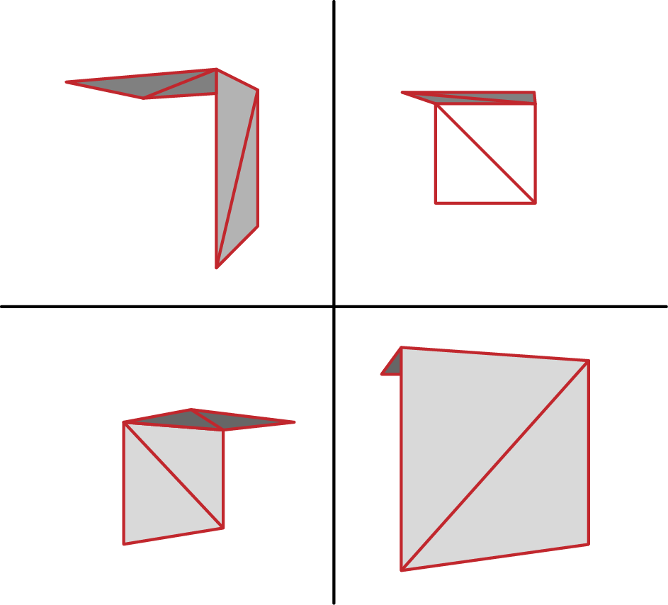 Four views of a rotating quarter cube created with Modelbuilder. Each surface of the shape is made up of individual triangles. As the shape rotates, different parts of it are exposed to the virtual lights and so it appears different.