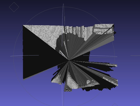 The final result of the code in this section: a mesh that’s built from the Kinect point cloud. This mesh will have holes and other geometrical problems that we’ll need to clean up in the next section.