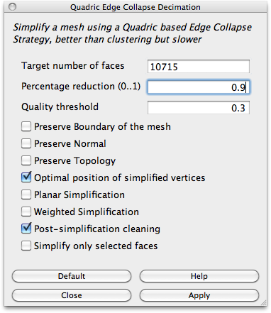 Reduce the number of faces little by little while keeping an eye on your model. The goal is to reach a reasonable number (around 20,000) without visibly hurting the quality of your model too much.