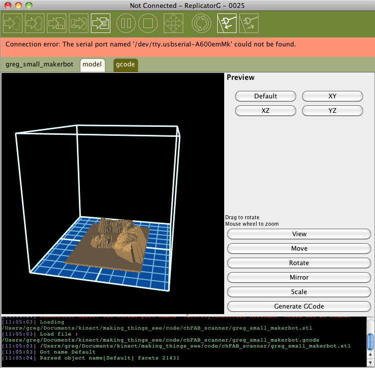 The STL of our scan loaded in ReplicatorG. We can rotate it, resize it, and make other changes before printing it.