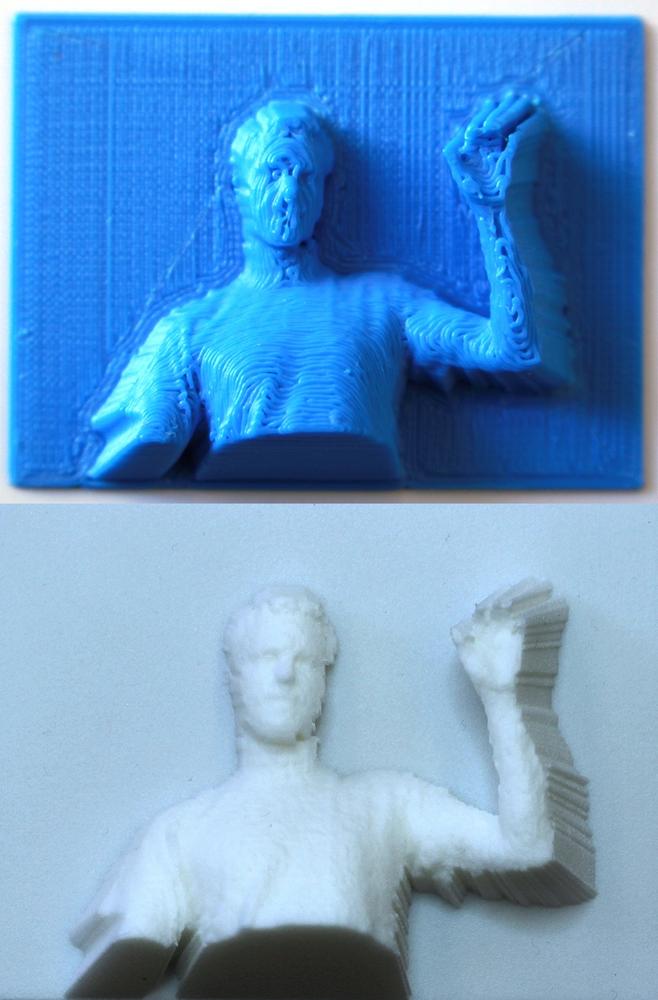 A comparison of a scan printed on the MakerBot (top) with the same file printed at Shapeways (bottom). Notice all the additional detail that is visible in Shapeways print.