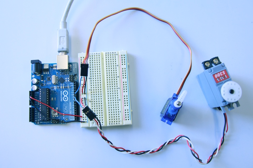 The Arduino connected to two servos.