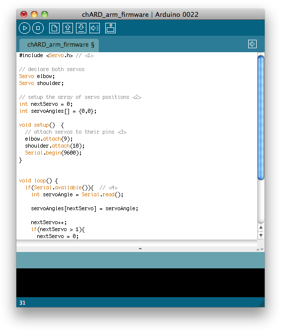 The Arduino IDE with our code visible in it.