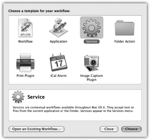 Automator has seven choices for the final form of your workflow.If you’re not sure which format you’ll want to use for a particular workflow, choose Workflow for now. Later, if you change your mind about the final product of your masterpiece—for example, you realize it would have been better as a Service or an iCal Alarm—you can create a blank document in one of the other types, then drag the actions from your saved workflow into the new, blank project.