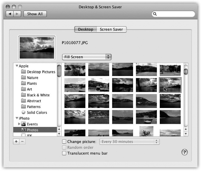 Using the list of picture sources at left, you can preview an entire folder of your own images before installing one specific image as your new desktop picture. Use the button to select a folder of assorted graphics—or, if you’re an iPhoto veteran, click an iPhoto album name, as shown here. Clicking one of the thumbnails installs the corresponding picture on the desktop.