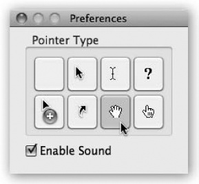 Unlike the Shift-⌘-3 or Shift-⌘-4 keystrokes, Grab lets you include the pointer/cursor in the picture—or hide it. Choose Grab→Preferences and pick one of the eight pointer styles, or choose to keep the pointer hidden by activating the blank button in the upper-left corner.