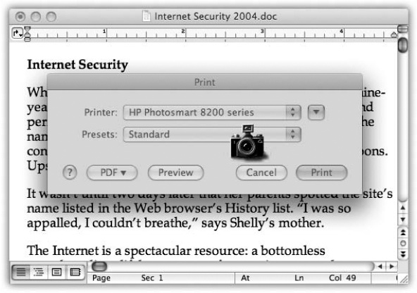 To capture just one dialog box, use the old Camera Cursor trick. That is, invoke Shift-⌘-4 and then tap the space bar to produce the cursor shown here. Click the element you want to snip from its background. (Press the space bar a second time to exit “snip one screen element” mode and return to “drag across an area” mode.) If you ever change your mind about taking any kind of screenshot, press ⌘-period or the Esc key.