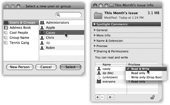 This list includes every account holder on your Mac, plus groups you’ve set up, plus the contents of your Address Book. One by one, you can add them to the list of lucky sharers of your files or folders—and then change the degree of access they have to the stuff you’re sharing.