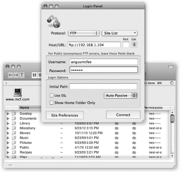 Top: To access your Mac OS X machine from across the Internet, fire up a program like RBrowser and use the address ftp://111.222.33.4 (or whatever your public IP address is).Bottom: Once you’re looking at an FTP server’s contents, you can drag files from your desktop into the list. Copy them to your Mac by dragging them out of the list onto your desktop, or open them by double-clicking.