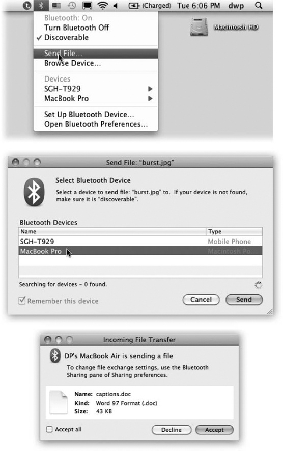 Top: Once your Mac is paired with the other gadget, it’s super-easy to shoot a file to it wire-lessly. In this example, you’ll start by choosing Send File. (But you could save the second step by choosing the gadget’s name from this menulet and then Send File from the submenu.)Middle: OK. The Mac is saying: “Send this file to what gadget?” Click the one you want. (If the device isn’t in “discoverable” mode, then no other Bluetooth gizmos can see it.)Bottom: This is the view from the receiving machine (a Mac, in this case). “Someone’s sending you a file. Do you want it?”