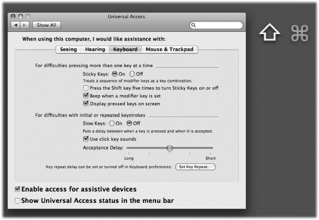 Whenever you want to press a multiple-key keystroke like Shift-⌘-D, press them one at a time. You’ll see ghost images of these keys superimposed on your screen, as though to show you which keystrokes you’ve added to your temporary collection. To “unpress” a key you’ve already pressed, press it again twice.