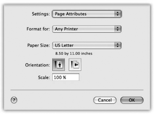 Here in Page Setup are the controls you need to print a document rotated sideways on the page, so it prints “the long way.” The Scale control, which lets you reduce or enlarge your document, can be handy if the program you’re using doesn’t offer such a control. And the Paper Size pop-up menu, of course, specifies the size of the paper you’re printing on—US Letter, US Legal, envelopes, or one of the standard European or Japanese paper sizes (A4 and B5).