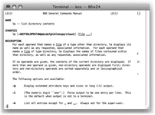 To move on to the next man screen, press the space bar. To go back, press the ↑ key or the B key. To close the manual and return to a prompt, press q. You can also search for a certain phrase by typing a / (to produce the “find what?” prompt); thereafter, type n to find the next occurrence.