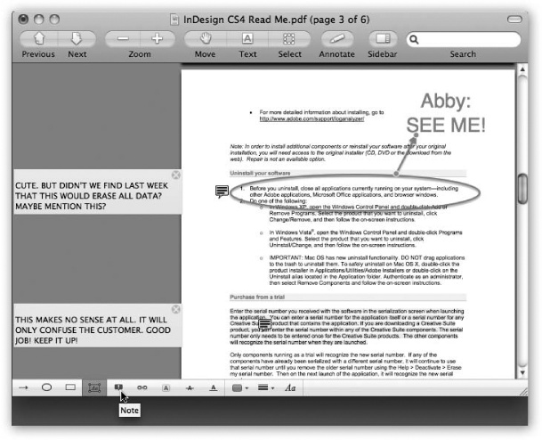 The new Annotation strip at the bottom edge of the Preview window makes it incredibly easy to add different kinds of annotations. This strip appears when you click the Annotate button on the top toolbar, or whenever you’ve added a marking or a note manually using the Tools→Annotate submenu.Click the button you want, then drag diagonally to define a rectangle, oval, arrow, or link. Or click to place a Note icon and edit that note in the left margin. You can drag or delete the annotation’s little icon, or adjust its look using the Tools→Inspector palette.