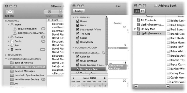 Once everything’s hooked up, a new heading appears in Mail (left), iCal (middle), and Address Book (right), named after your Exchange account. That’s your corporate life, which you can hide and show at will.