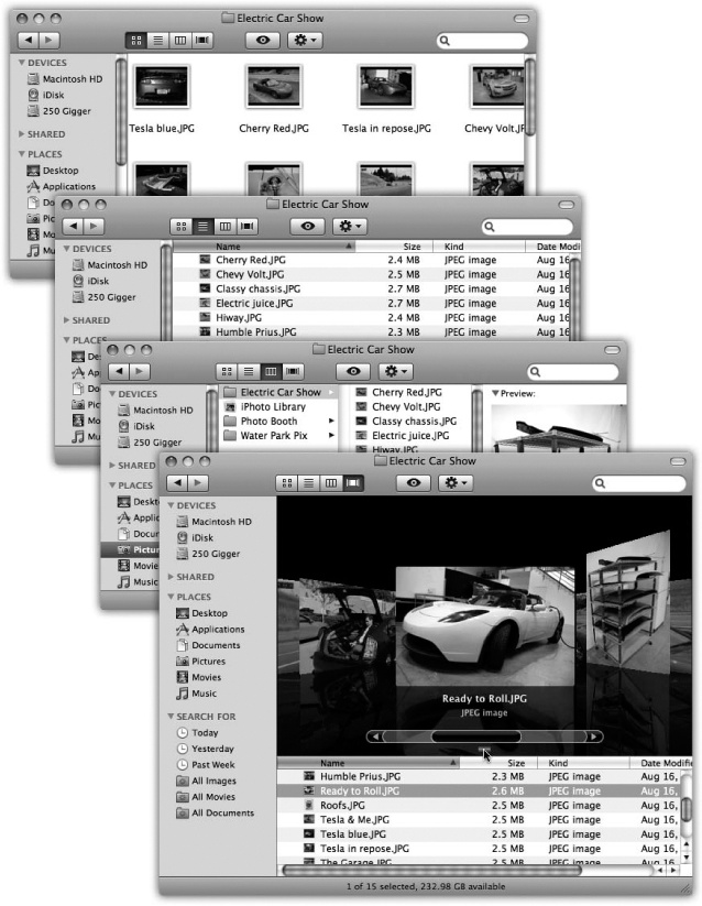 From the top: the same window in icon view, list view, column view, and Cover Flow view. Very full folders are best navigated in list or column views, but you may prefer to view emptier folders in icon or Cover Flow views, because larger icons are easier to preview and click. Remember that in any view (icon, list, column, or Cover Flow), you can highlight an icon by typing the first few letters of its name. In icon, list, or Cover Flow view, you can also press Tab to highlight the next icon (in alphabetical order), or Shift-Tab to highlight the previous one.